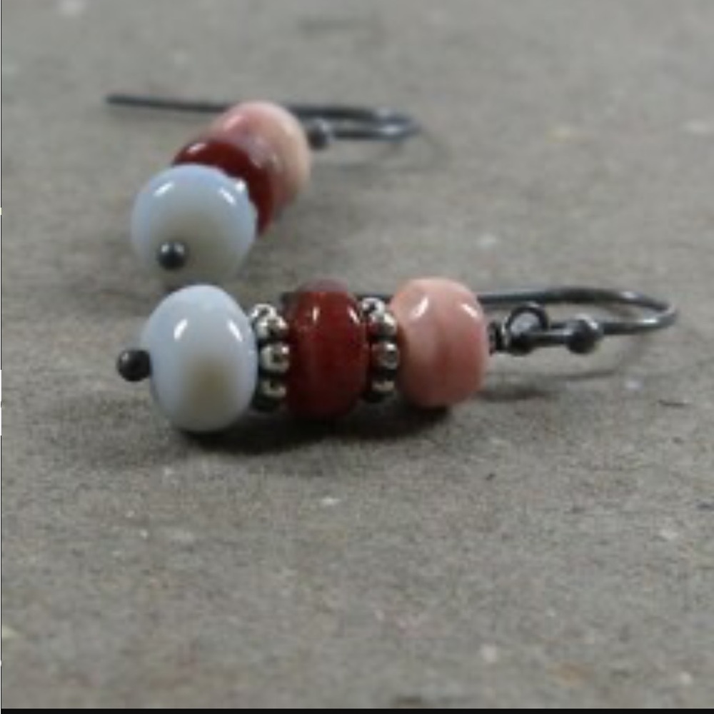 Fire Opal Baby Blue Pink Gemstone Oxidized Sterling Silver Earrings